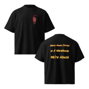 Black oversized Matter & Motion We’re House T-shirt with small red front graphic and warehouse-inspired back text.