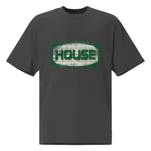 Faded black oversized Matter & Motion house music T-shirt with green graffiti-style brick wall graphic.