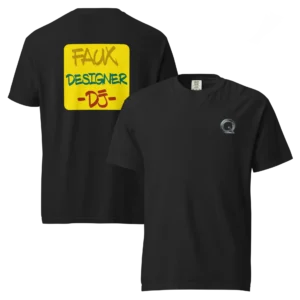 Black garment-dyed Quantum T-shirt with small front chest logo and yellow Faux Designer DJ graphic on the back.