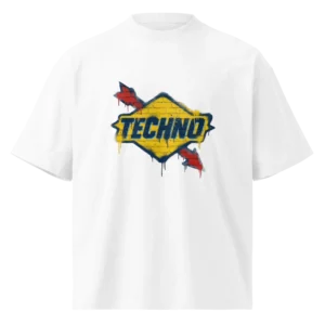 White oversized Matter & Motion techno graphic T-shirt with graffiti-style brick wall artwork.