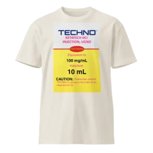 Bone heavyweight Matter & Motion techno T-shirt with yellow warning-label inspired graphic on the front.